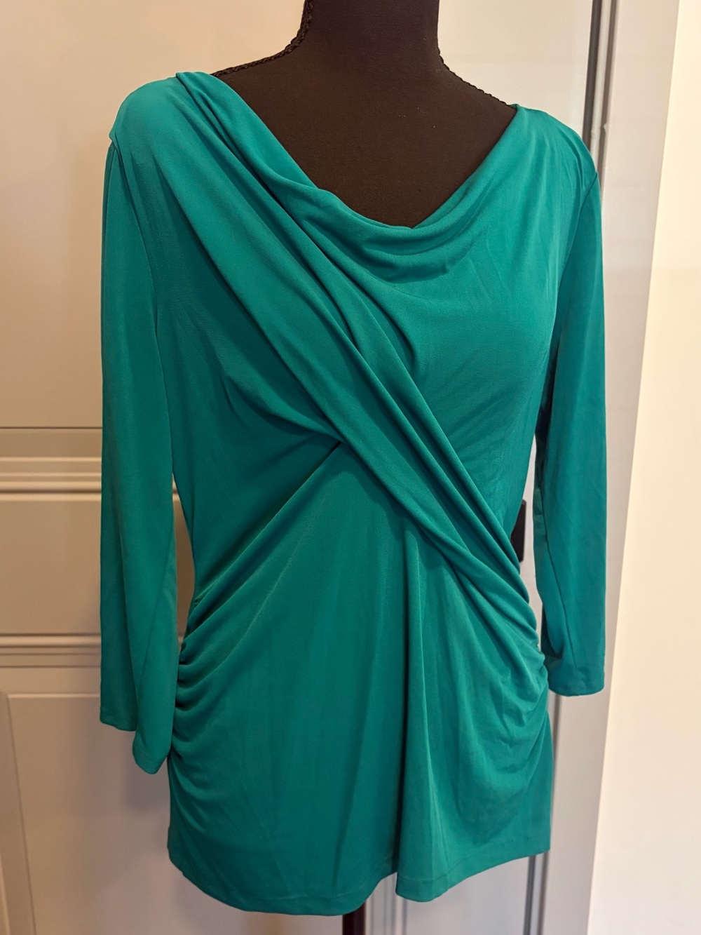 New York & Company Teal Draped Cowl-Neck Long Sleeve Dress
